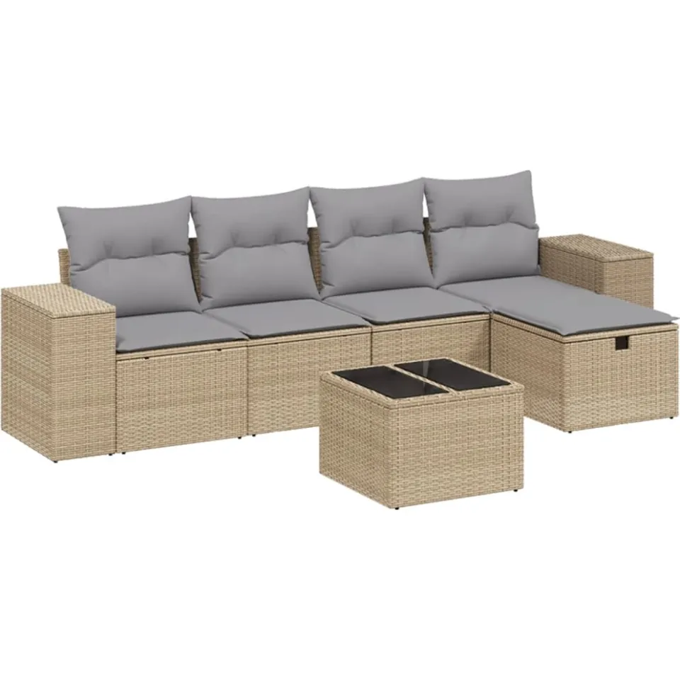 vidaXL 6-delige Loungeset met kussens poly rattan gemengd beige