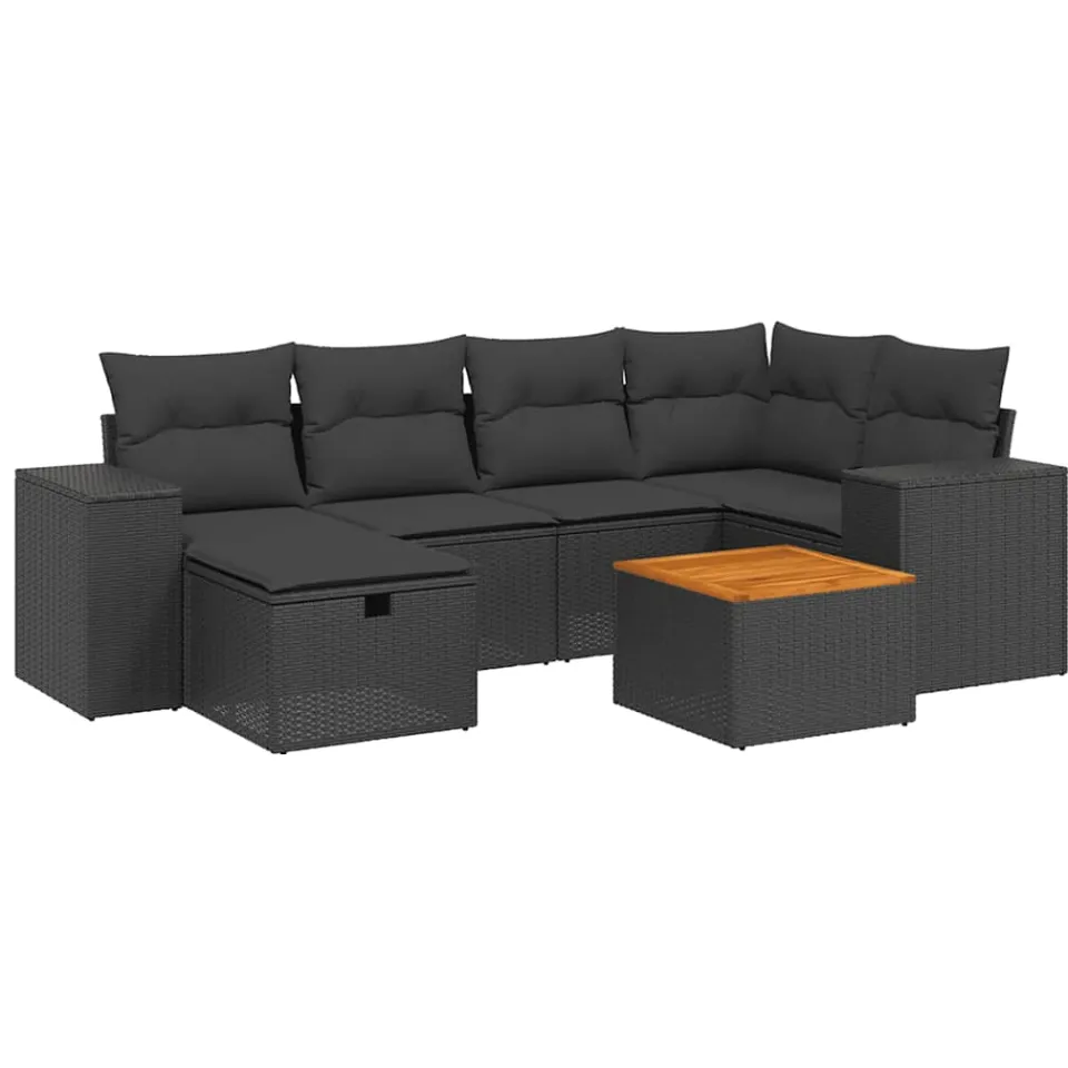 vidaXL 7-delige Loungeset met kussens poly rattan zwart, foto 3