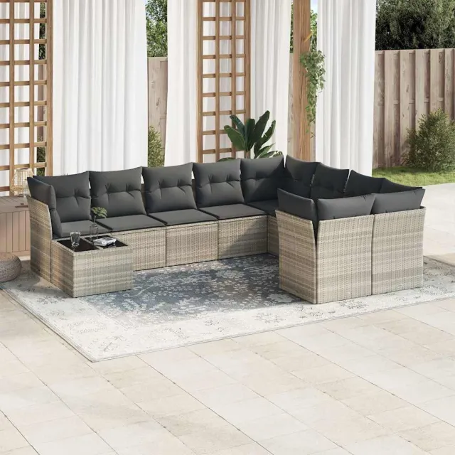 vidaXL 10-delige Loungeset met kussens poly rattan lichtgrijs grijs, foto 2