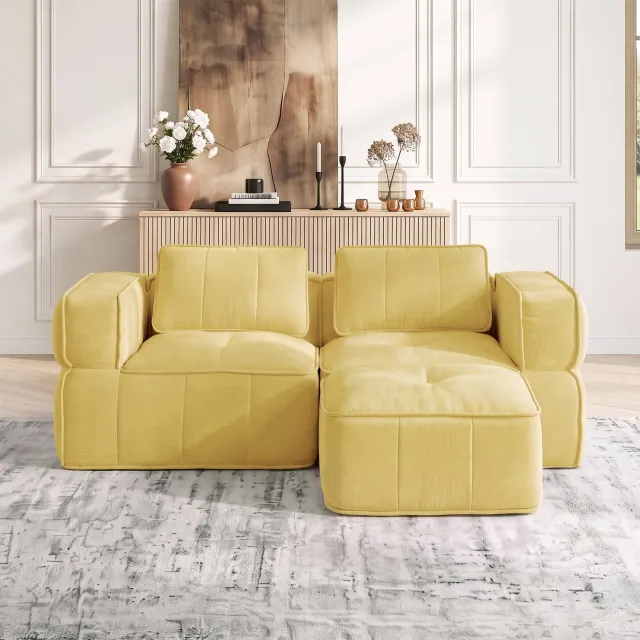 Vovtenza L-vormige modulaire 2 zits bank zonder frame met voetenbank - 32D hogedichtheidsschuim - diepe zitoppervlak - huidvriendelijke stof - antislip - voor woonkamers en appartementen - geel Geel-1 poef