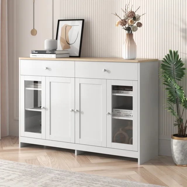 FloraGrace Dressoir - Landelijke Kast Met 4 Deuren En 2 Lades - Verstelbare Legplanken Voor Woonkamer En Eetkamer - MDF Wit - 120x37x80 Cm
