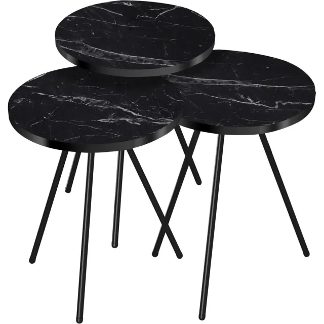 In And Outdoormatch Bijzettafel Nordin - Set van 3 - Rond - Marmer Zwart en Zwart - Spaanplaat en Metaal - Stijlvol Design Blue