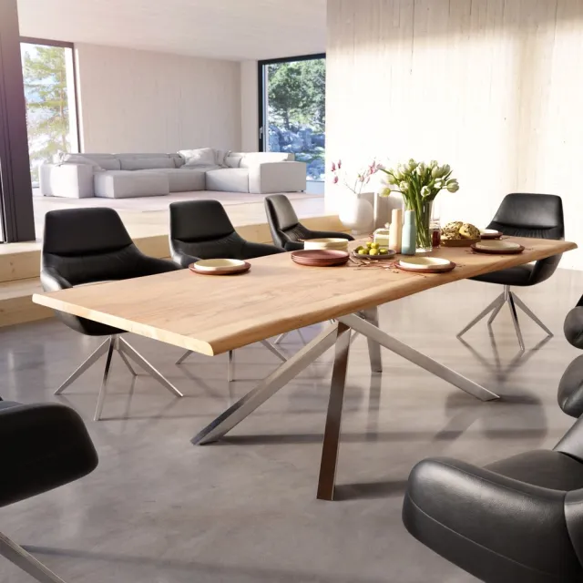 DELIFE Eettafel Edge acacia natuur 260x100 kruisframe rechthoek edelstaal Live-Edge eettafel Bruin