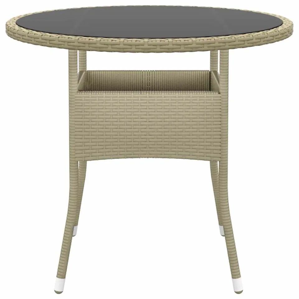 vidaXL Tuintafel Ø80x75 cm gehard glas en poly rattan beige, foto 2