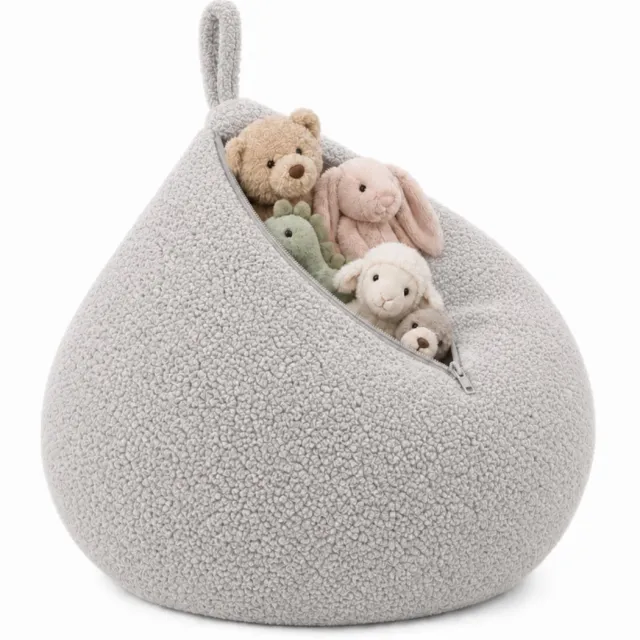 Flumi 2-in-1 - Opbergpoef - Voor Knuffels, Speelgoed en Textiel - Zonder Vulling - Teddystof - Grijs
