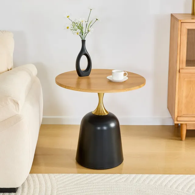 WUVRIE Ronde bijzettafel Ø 60 cm - Met metalen onderstel - Houtkleur Houtkleurig