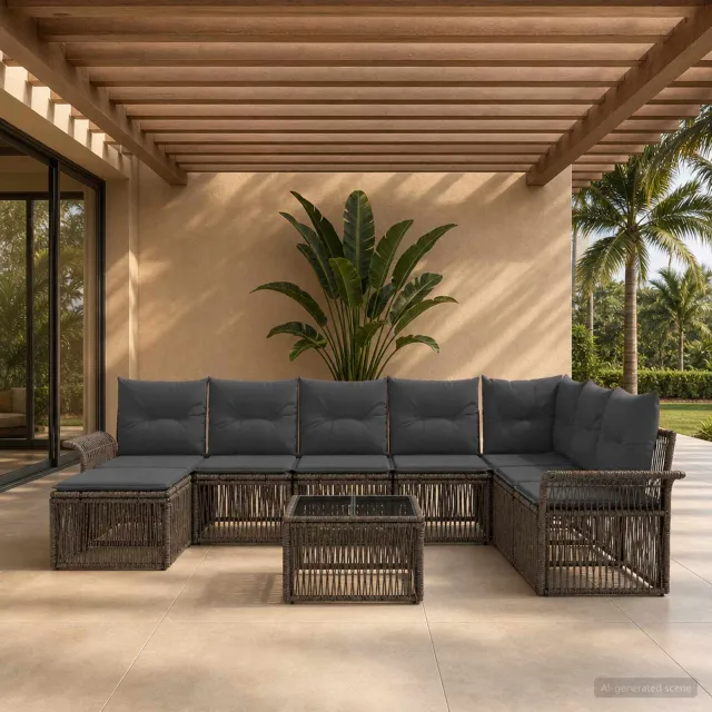 vidaXL Tuinbankenset 9 st 8-zits Grijs poly rattan, foto 2