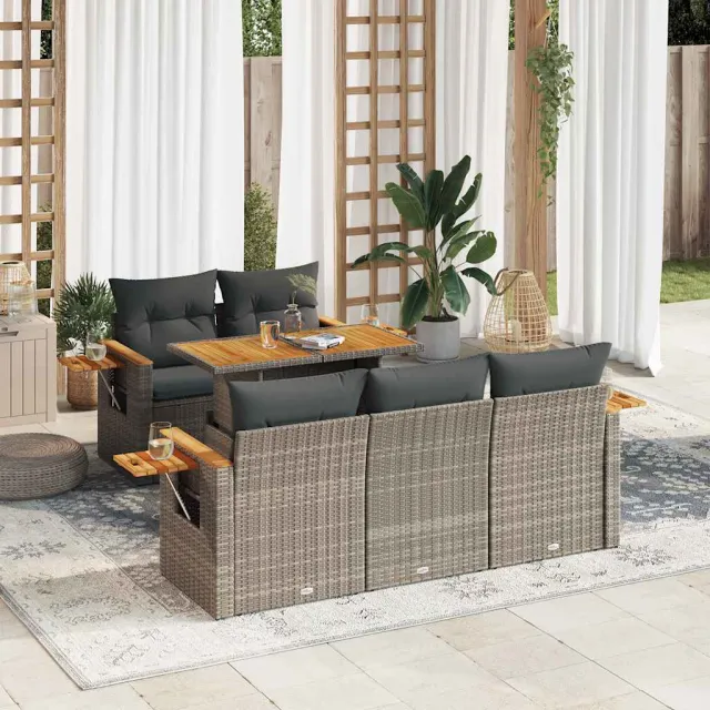 vidaXL 6-delige Loungeset met kussens poly rattan acacia grijs, foto 2