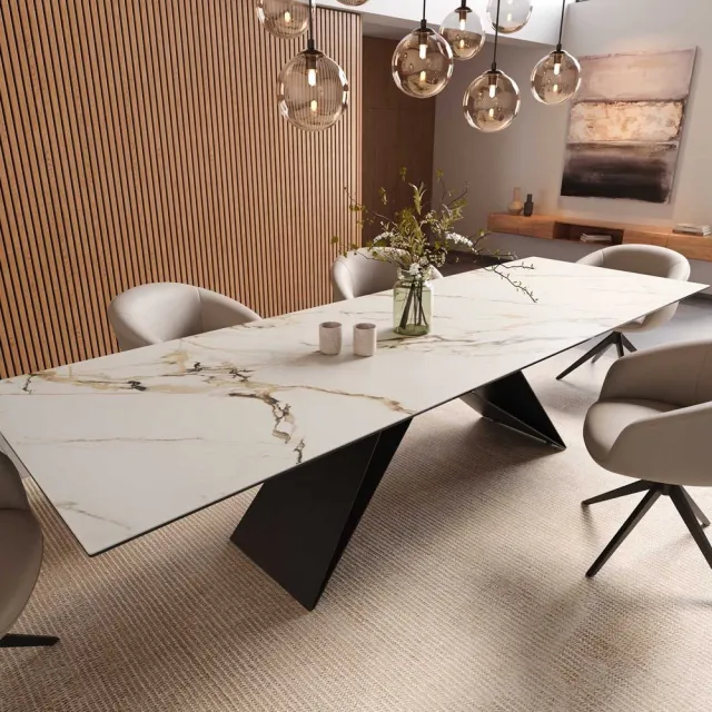 DELIFE Eetkamertafel Edge keramiek Calacatta Luxe wit-goud-grijs 300x100 V-frame vlak staal zwart Weiß-Gold-Grau
