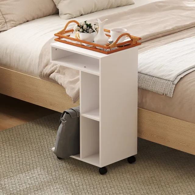 REDOM Bijzettafel - C-Vormig - Met Opbergruimte En Wielen - Voor Woonkamer Of Slaapkamer - Multiplex - Wit - 40 x 30 x 69 cm