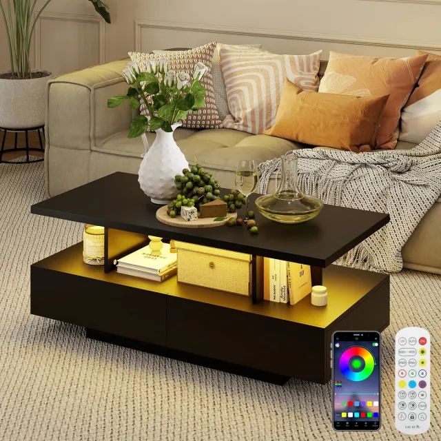 Puluomis Salontafel - Bijzettafel met 2 lades - RGB Verlichting - 105x50x41.5 cm - Koffietafel voor woonkamer - Zwart