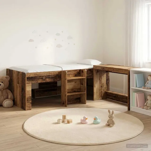 vidaXL Hoge Bed Frame met Bureau voor Kinderen Oud hout 90 x 190 cm Bruin