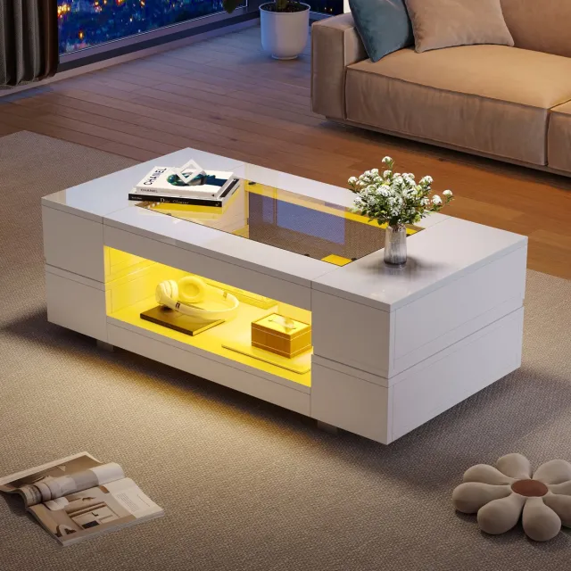 HAUSS SPOLE Salontafel - Ledverlichting Met Appbediening En Opbergruimte - Voor Woonkamer En Kantoor - Spaanplaat En Glas - 100x50x35 Cm - Wit
