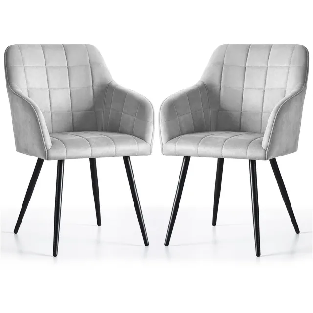 Akord Set van 2 Eetkamerstoelen LUXANO met Armleuningen / Gestoffeerde Stoelen / Fluwelen Stoelen en Metalen Poten / Grijs met zwarte benen