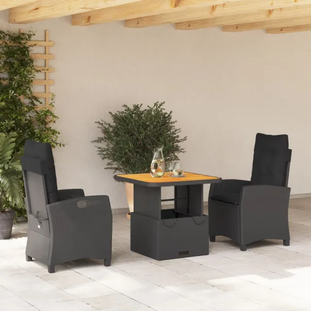 vidaXL 3-delige Tuinset met kussens poly rattan zwart, foto 2