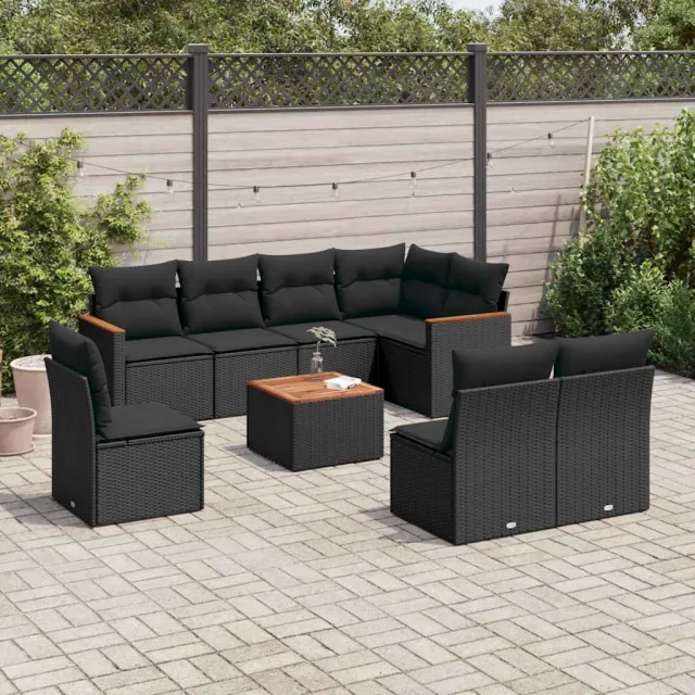 vidaXL 9-delige Loungeset met kussens poly rattan zwart, foto 2