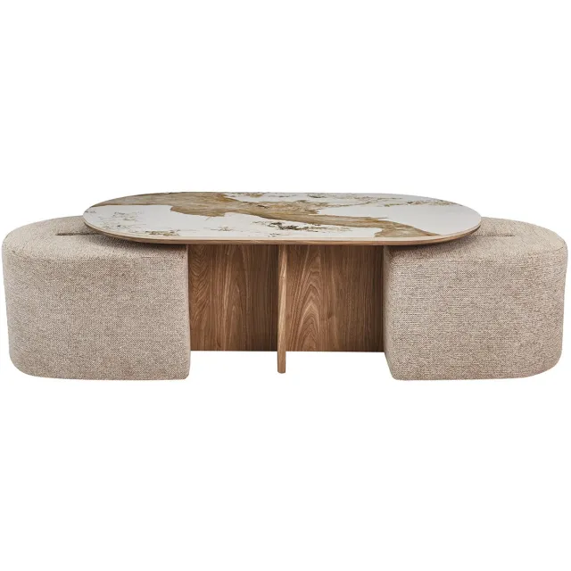 Rousseau Evora Ovale Salontafel met 2 Poefs – 120 x 60 cm – Glanzend Stenen Blad met Goudbruine Marmerlook – Beige Bruin Pandora