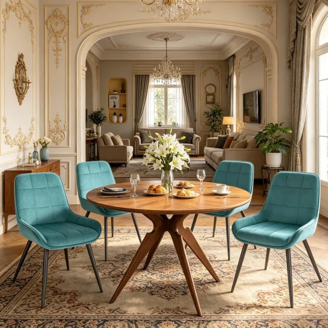 REDOM Eetkamerstoel set van 4 - Gewatteerde velvet zitting - Met armleuningen - Zwart metalen onderstel - Turquoise - 52,5 x 52 x 81,5 cm