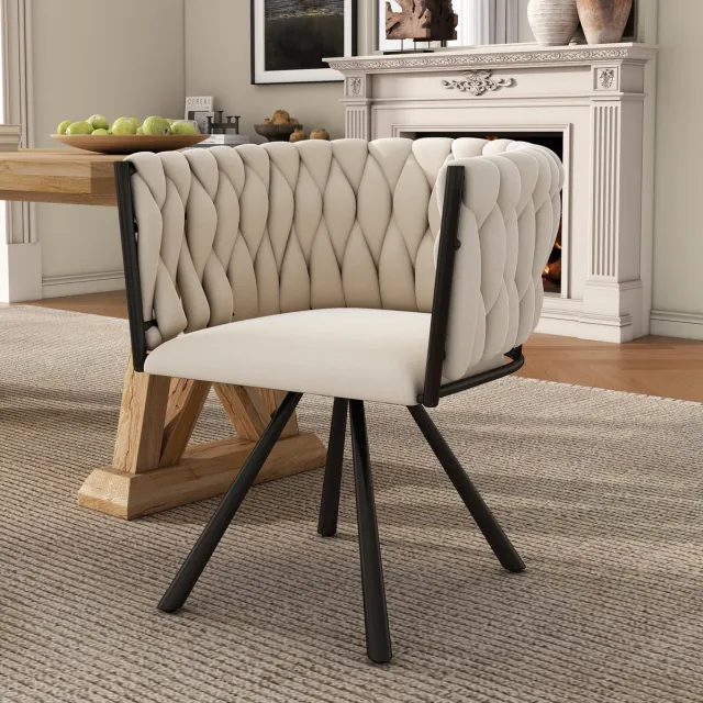 DESMIU Eetkamerstoel Set Van 4 - Kuipstoel - 360 Graden Draaibaar Met Armleuningen En Metalen Onderstel - Voor Eetkamer En Woonkamer - Velvet Beige