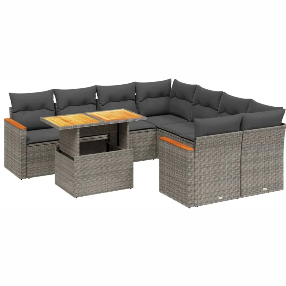 vidaXL 9-delige Loungeset met kussens poly rattan grijs, foto 3