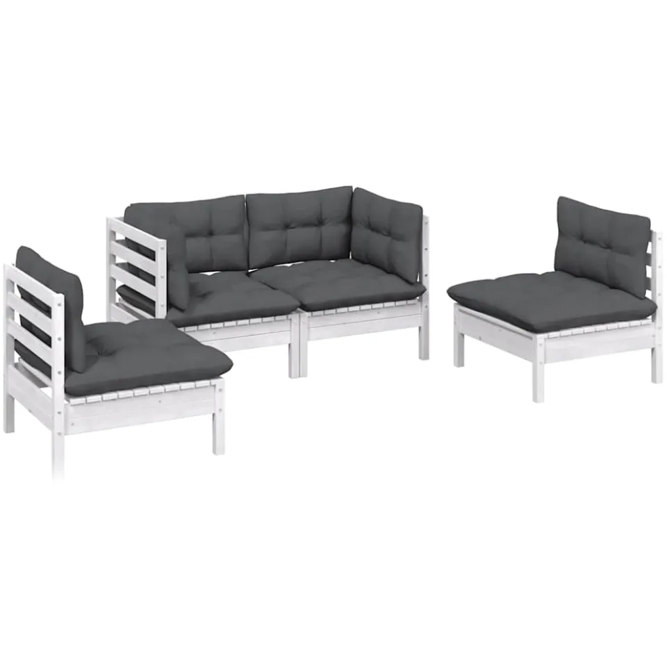 vidaXL 4-delige Loungeset met kussens massief grenenhout wit, foto 2