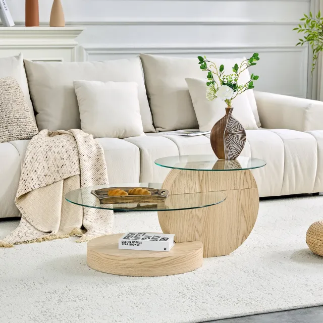 DESMIU Salontafel - Rond Tweelaags Veiligheidsglas met MDF Onderstel - voor Woonkamer - Houtlook - 90x70x44 Cm - Houtkleur