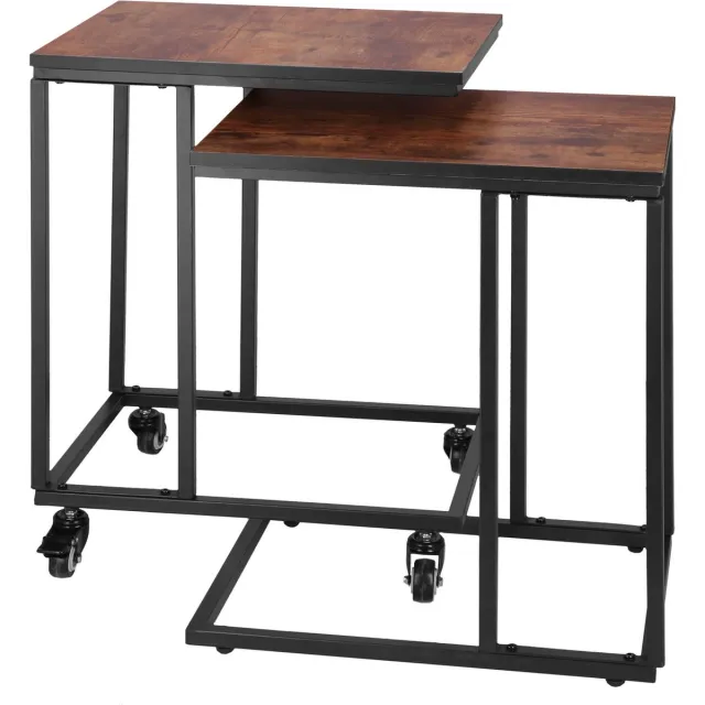 springos Bijzettafel Op wielen | Rechthoek | Bijzettafel | 2 Stuks | Zwart/Bruin