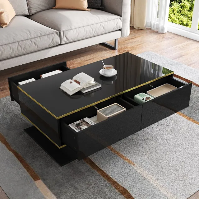 MIVRAY Salontafel - Hoogglans Met LED Verlichting En 3 Lades - Opbergen Voor Woonkamer - Spaanplaat Zwart Goud - 100x50x40 Cm