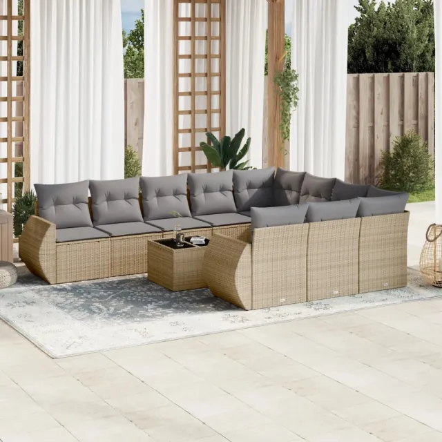 vidaXL 11-delige Tuinset met kussens poly rattan beige, foto 2