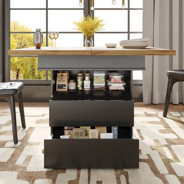 MODFU Uittrekbare Teleskoptisch 110-140×80×75 cm – Opklapbaar, MDF+PB, Opbergruimte & Soft-Close Natuurlijk+Zwart