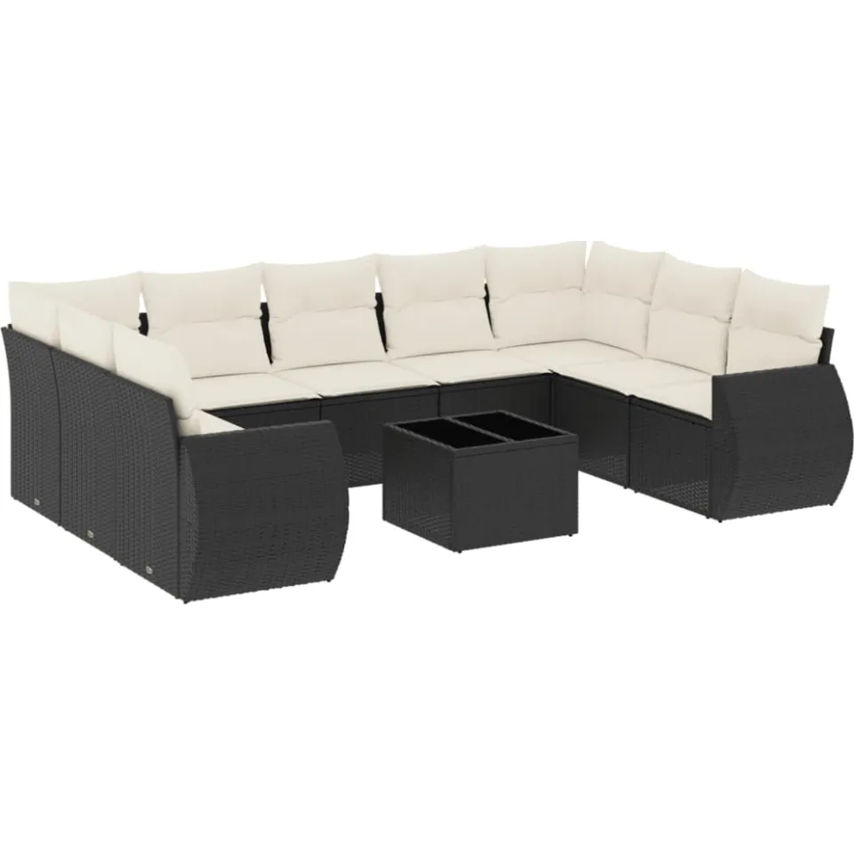 vidaXL 10-delige Loungeset met kussens poly rattan zwart