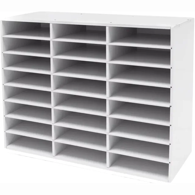 Happiq Literatuurorganizer – Voor het sorteren van papier, post en documenten in kantoor of klaslokaal – 24 compartimenten met verwijderbare planken voor flexibel gebruik – 30,0 × 25,0 × 35,0 cm – wit en grijs – kunststof White