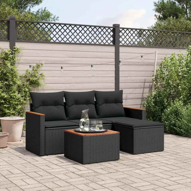 vidaXL 5-delige Loungeset met kussens poly rattan zwart, foto 2