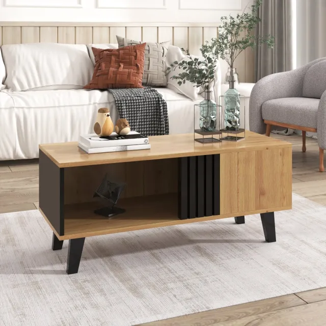 MODENUIT Salontafel - Met Opbergvakken - Voor Woonkamer - Spaanplaat En Glas - Naturel En Zwart - 100x60x45 Cm Natuurlijk