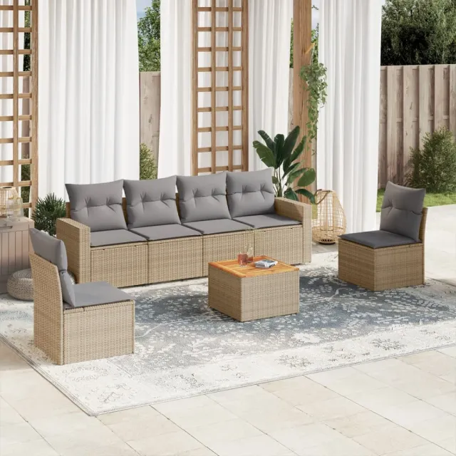 vidaXL 7-delige Loungeset met kussens poly rattan beige, foto 2