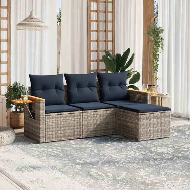 vidaXL 4-delige Loungeset met kussens poly rattan grijs, foto 2