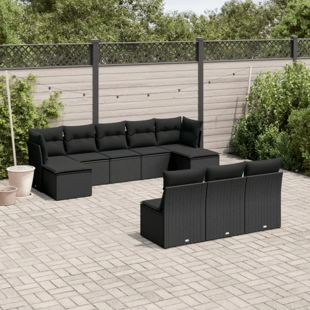vidaXL 10-delige Loungeset met kussens poly rattan zwart, foto 2