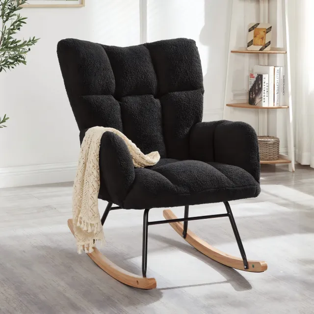 CHICFURN Schommelstoel - Zachte stof - Houten onderstel - Donkergrijs