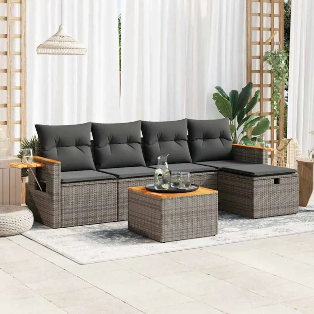 vidaXL 6-delige Loungeset met kussens poly rattan grijs, foto 2
