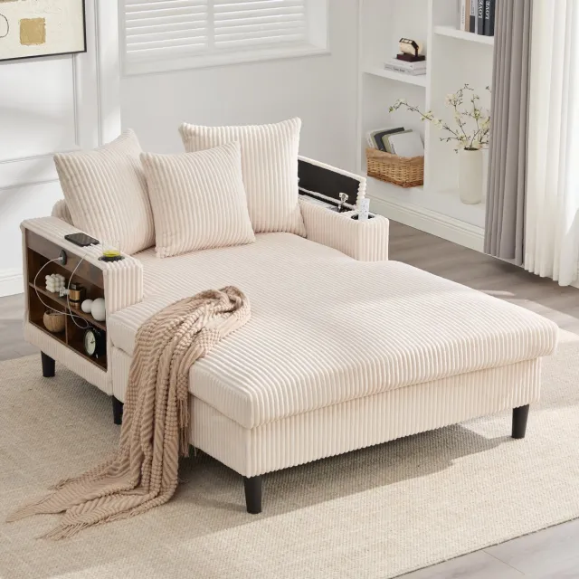 MODENUIT Chaise Longue 129x170 cm - Met Led, Usb, Opbergruimte En Bekerhouders - Voor Woonkamer - Cord Beige