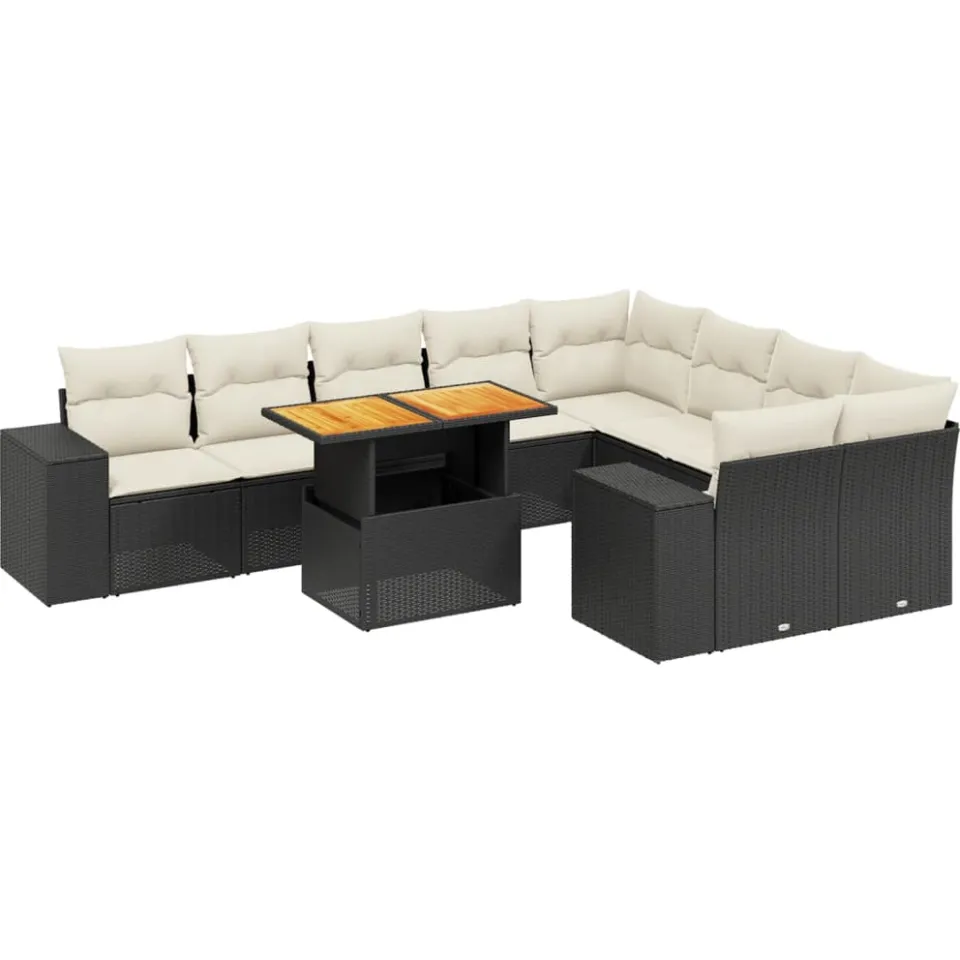 vidaXL 10-delige Loungeset met kussens poly rattan zwart