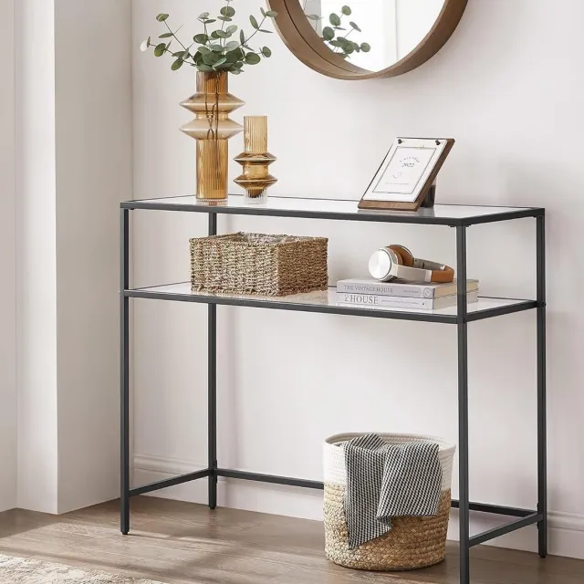 Nancy's Goldfield Console Tafel - Bijzettafel - 2 Niveaus - Gehard Glas - Metalen Frame - Verstelbare Poten - Zwart - 100 x 35 x 80 cm