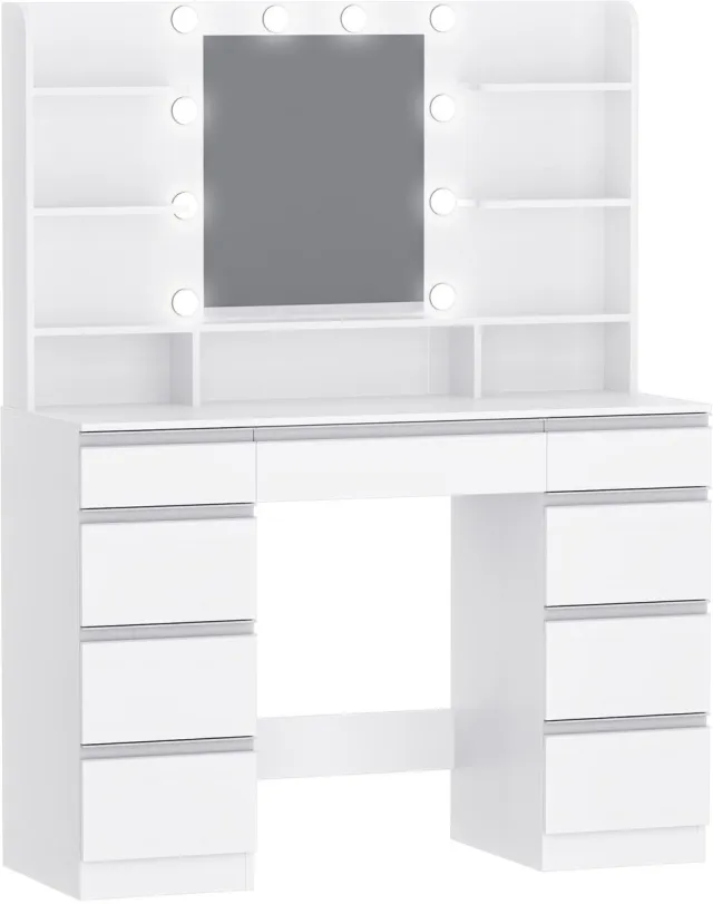 Happiq Kaptafel met LED Verlichting – Voor Slaapkamer & Make-up – Dimbare Verlichting met Grote HD Spiegel en 9 Lades – Wit/Zilver (10 LED-Lampen) White