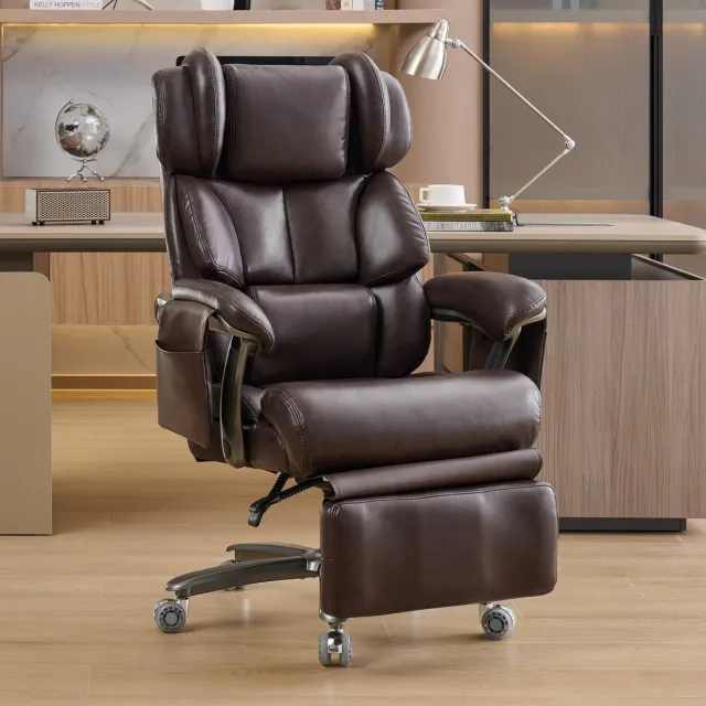 REDOM Bureaustoel - Massage- en verwarmingsfunctie - Verstelbare rugleuning en voetsteun - 360° draaibaar - Kunstleer - Bruin - 85,5 x 76,5 x 121,5 cm