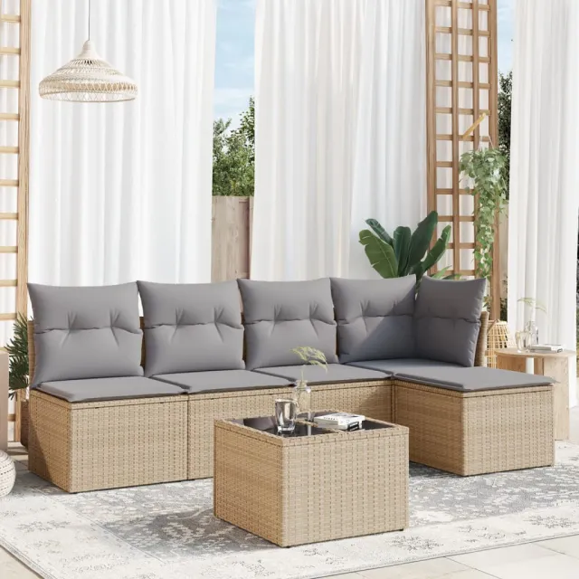 vidaXL 6-delige Loungeset met kussens poly rattan beige, foto 2
