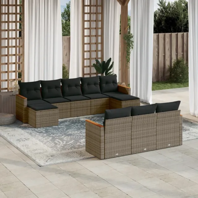 vidaXL 10-delige Loungeset met kussens poly rattan grijs, foto 2