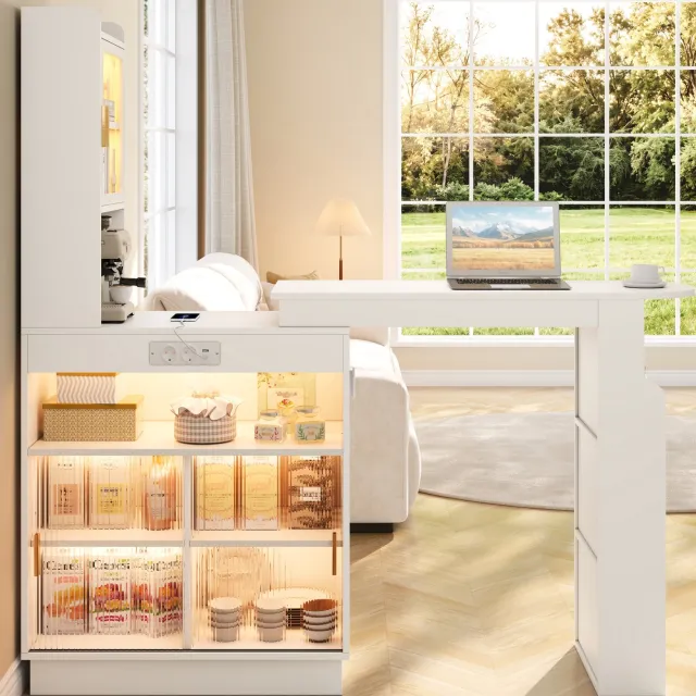 DESMIU Bartafel - Uitschuifbaar Met Opbergruimte En Ledverlichting - Voor Keuken En Kleine Ruimtes - MDF - Wit - 131 Tot 170 x 40 x 170 cm