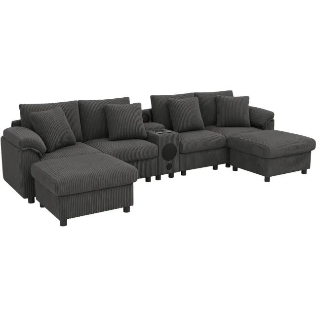 REDOM Modulaire Hoekbank - Bluetooth-Audiosysteem En Console - Modern - Voor Woonkamer - Cord - Grijs - 315,5 X 144 X 84,5 Cm