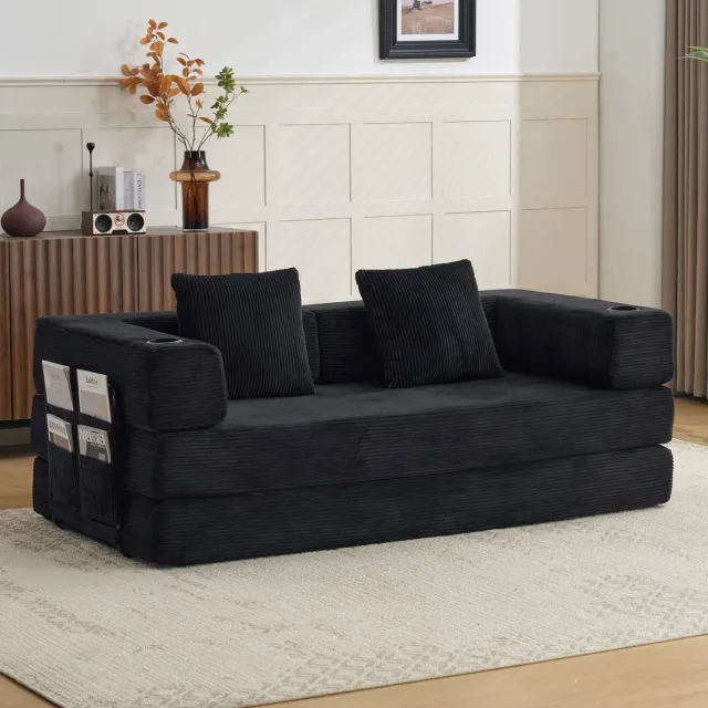 MODENUIT Slaapbank 185 x 92,5 x 60 cm - Opvouwbaar met Bekerhouders en Zijvakken - Voor de Woonkamer Zwart