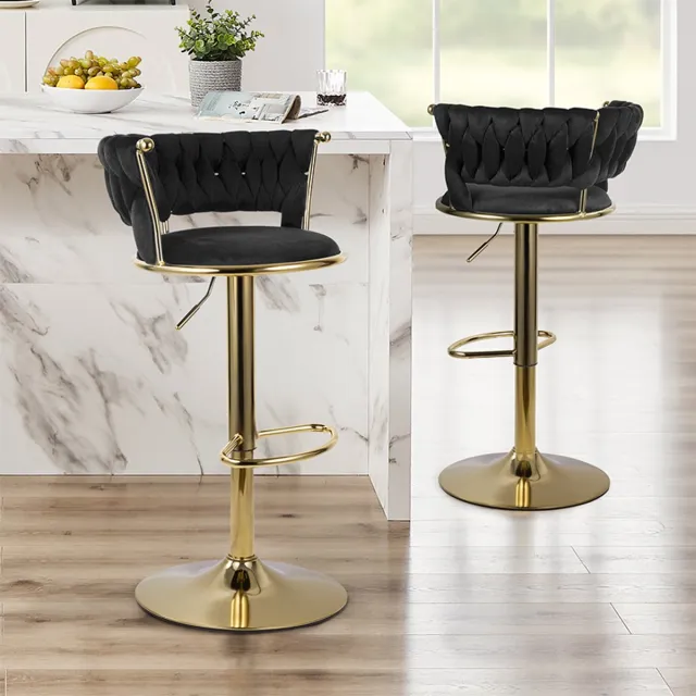 hawthyhome Barstoelen Set van 2, In Hoogte Verstelbaar en Draaibaar, Barstoel met Rugleuning, Fluwelen Zitting, Met Voetensteun, Keuken Barstoelen,Zwart